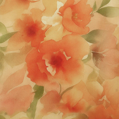 A close-up of a watercolor floral pattern featuring soft coral-orange flowers with green leaves on a warm beige background.
