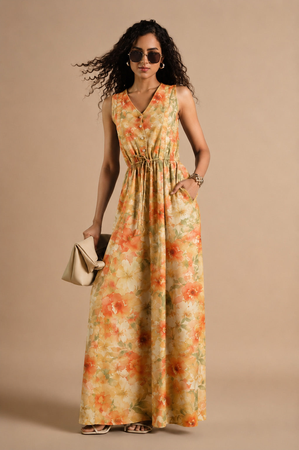 A woman modeling a sleeveless, V-neck maxi dress with a warm-toned floral print in orange, peach, and green on a cream background. She is wearing dark sunglasses, holding a small beige clutch, and standing against a solid beige studio backdrop.