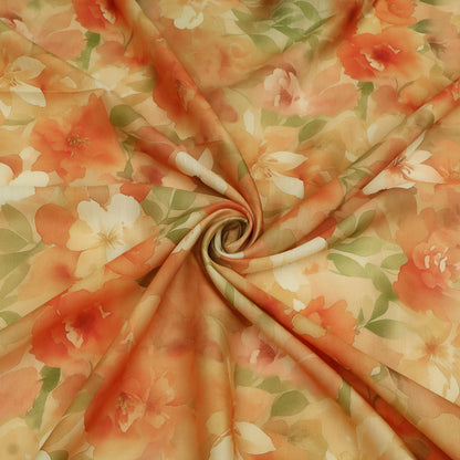 A sheer floral fabric draped in a spiral pattern, featuring orange and peach flowers with green leaves on a light beige background.