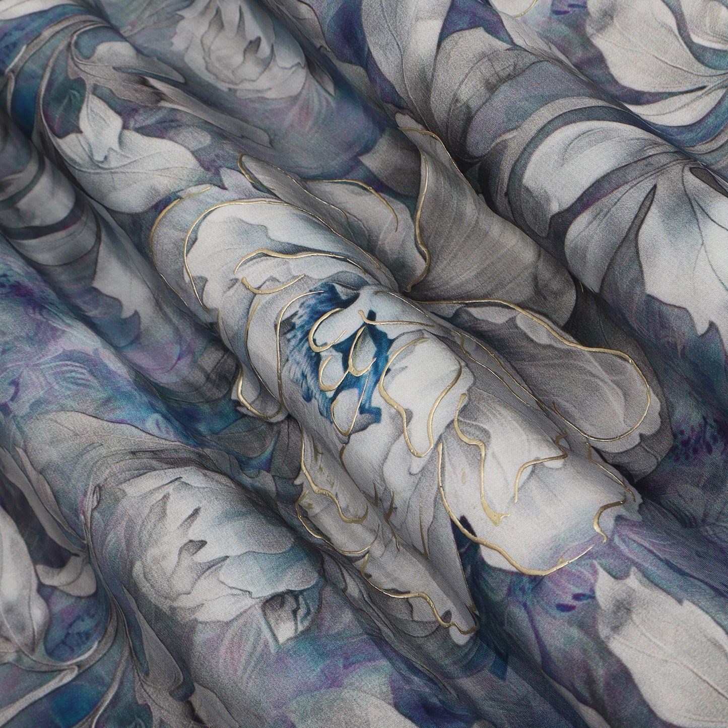 Blue Color Crepe Printed Kupi Work Fabric