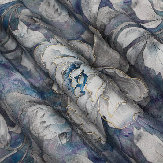 Blue Color Crepe Printed Kupi Work Fabric