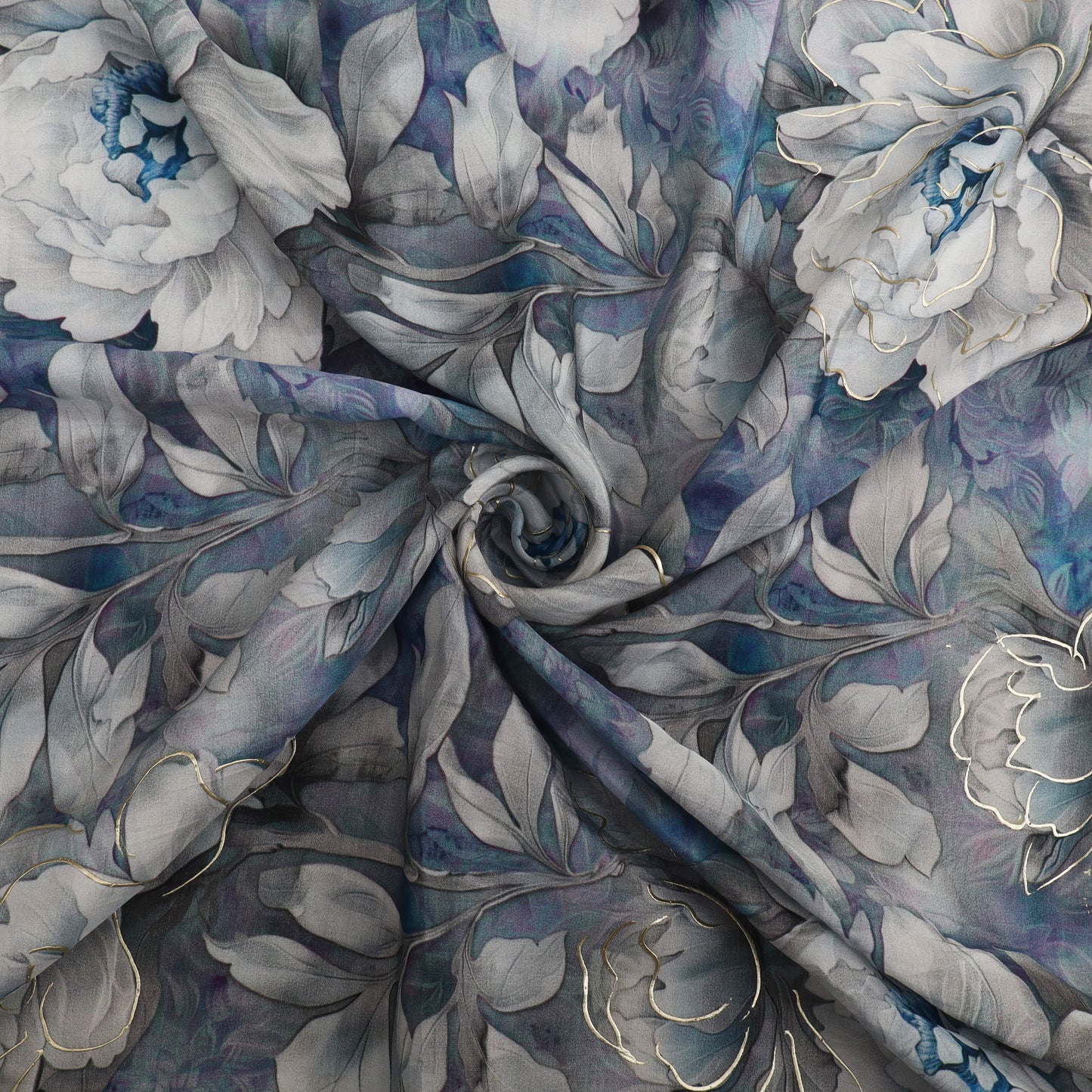 Blue Color Crepe Printed Kupi Work Fabric