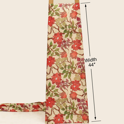 A fabric apron or sash with a vintage floral pattern in red, green, and brown on a cream background, shown with a dimension arrow indicating a width of 44 inches.