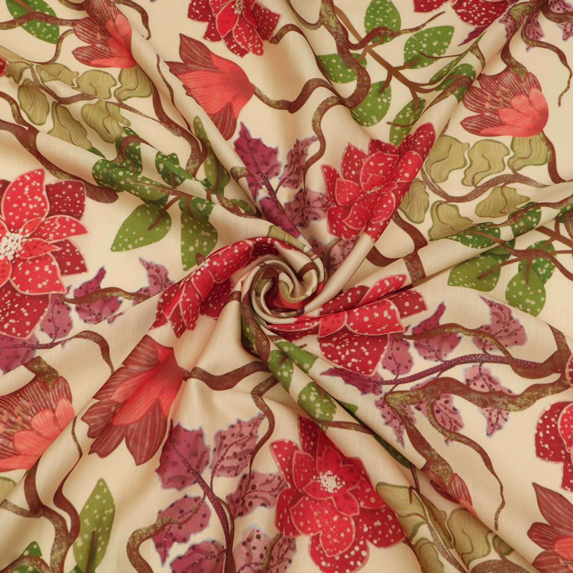 A close-up of draped fabric with a vintage floral pattern featuring red flowers, green leaves, and brown vines on a warm beige background.