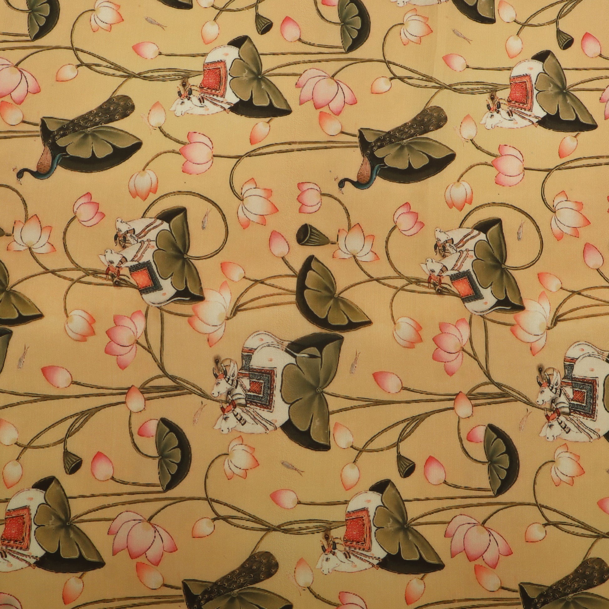 A close-up of a patterned fabric featuring a repeating design of lotus flowers, green leaves, and whimsical characters in white and red outfits on a warm beige background.
