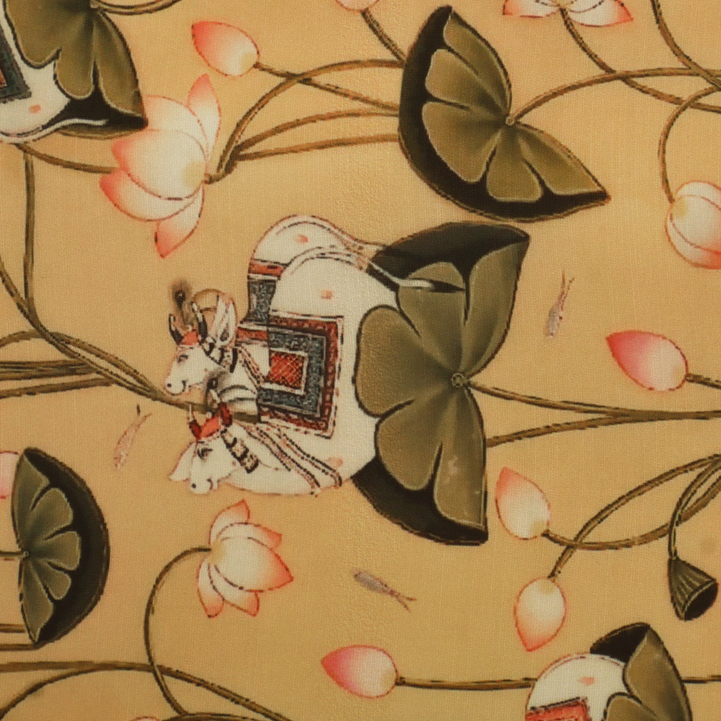 A close-up of a printed textile or wallpaper pattern featuring a horse with a decorated saddle, surrounded by large dark green lotus leaves and pink-and-white lotus flowers on a warm beige background.