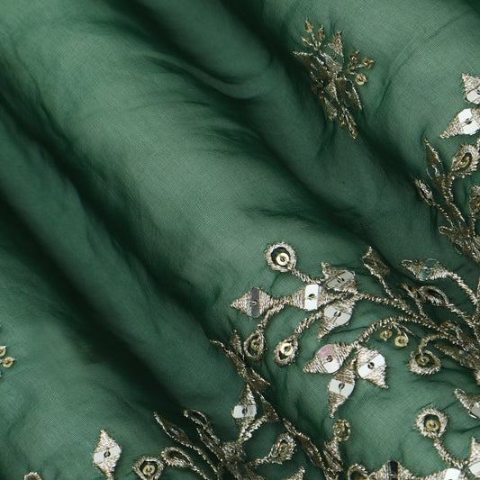 Bottle Green Color Organza Embroidery Fabric