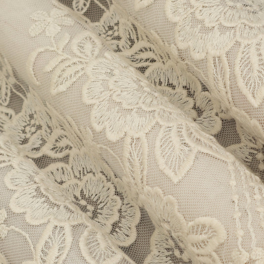 Off White Color Net Embroidery Fabric