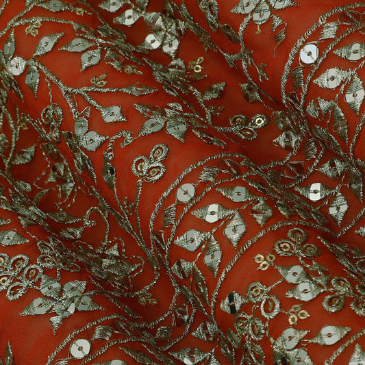 Orange Color Georgette Embroidery Fabric
