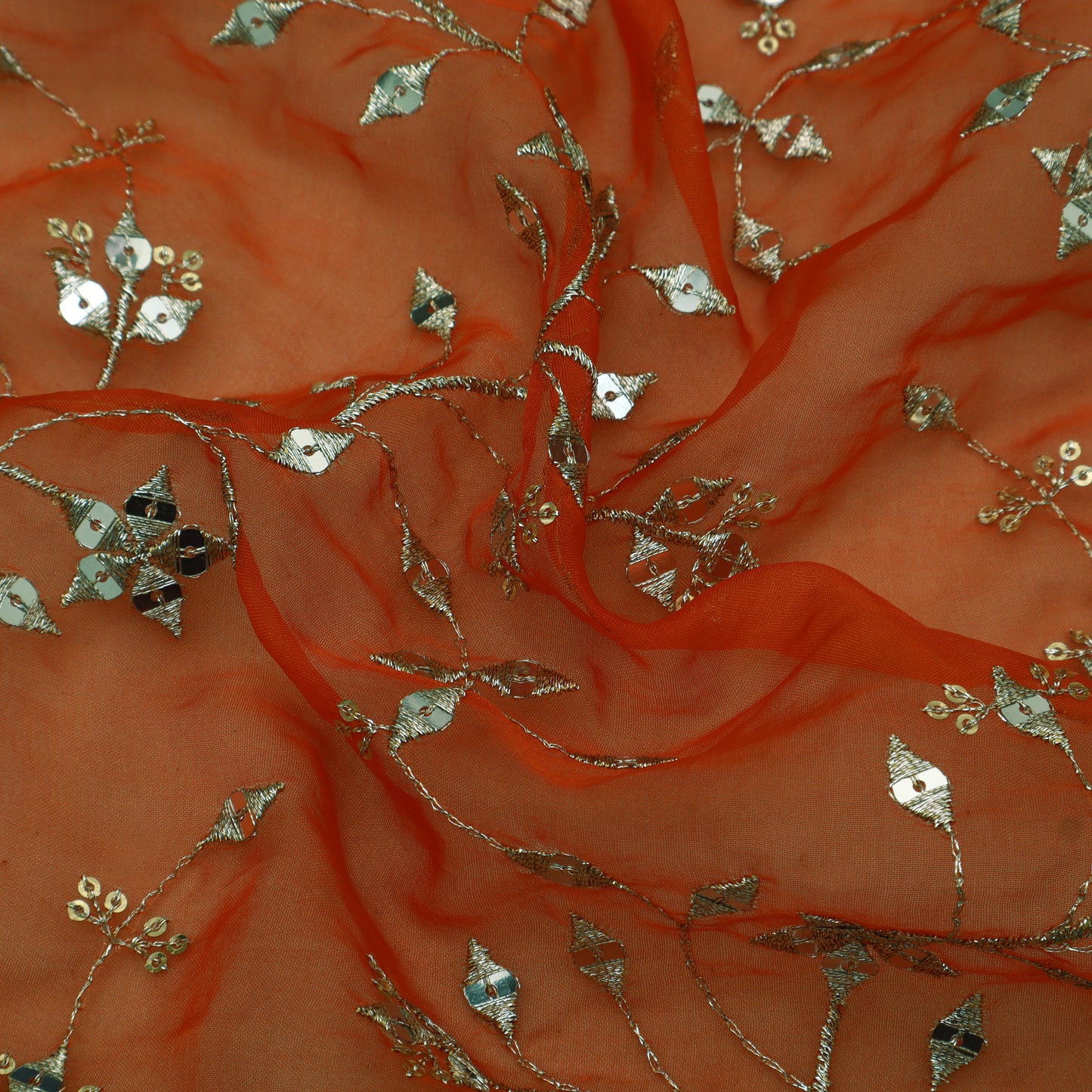 Orange Color Organza Embroidery Fabric