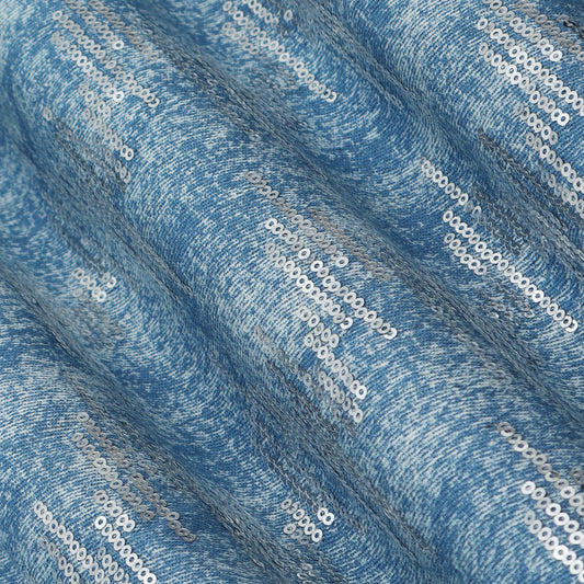 Blue Color Denim Sequins Embroidery Fabric