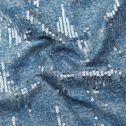 Blue Color Denim Sequins Embroidery Fabric