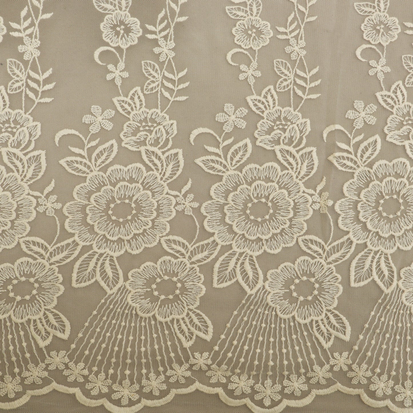 Off White Color Net Embroidery Fabric