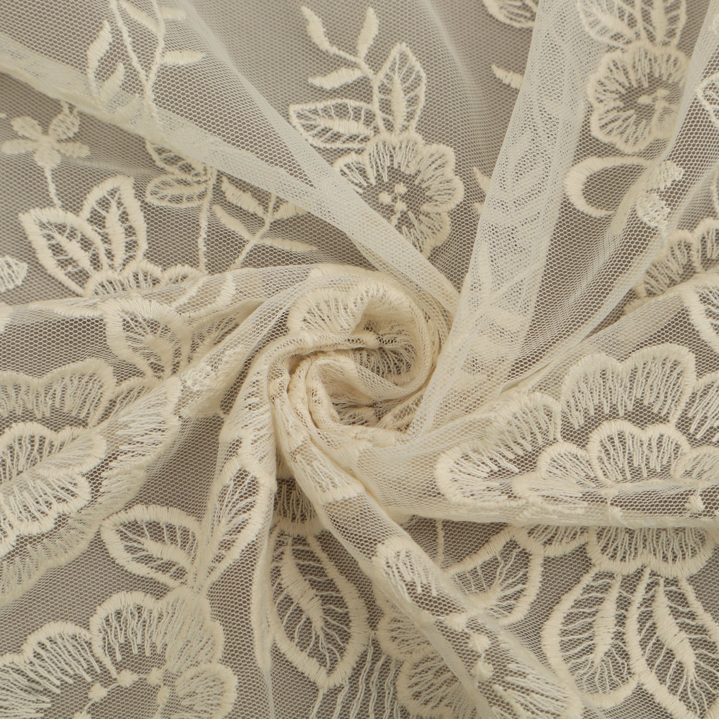 Off White Color Net Embroidery Fabric