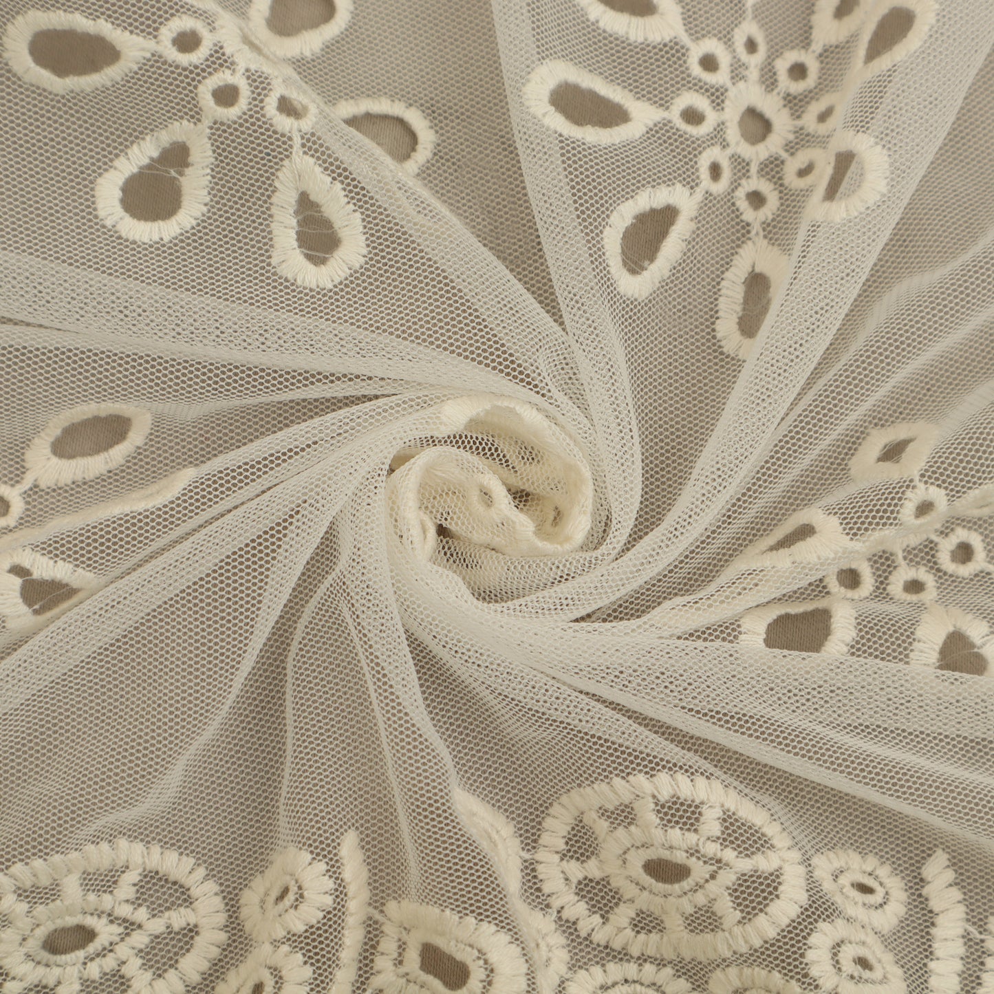 Off White Color Net Embroidery Fabric