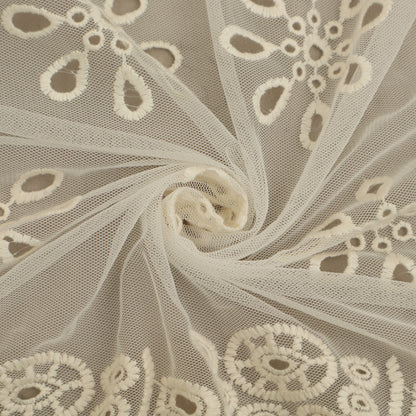 Off White Color Net Embroidery Fabric