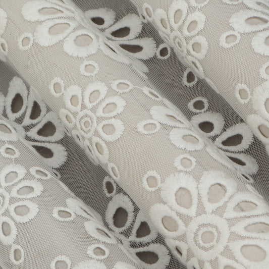 White Color Net Embroidery Fabric