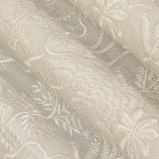 White Color Slub Silk Embroidery Fabric