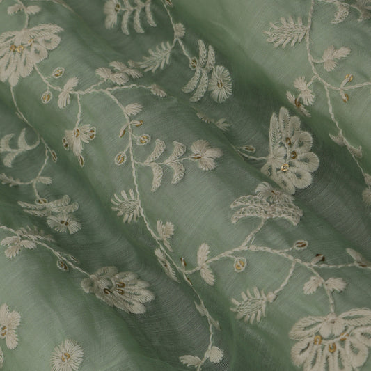 Green Color Chanderi Embroidery Fabric
