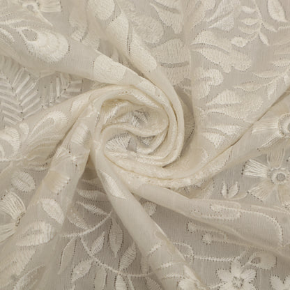 White Color Slub Silk Embroidery Fabric