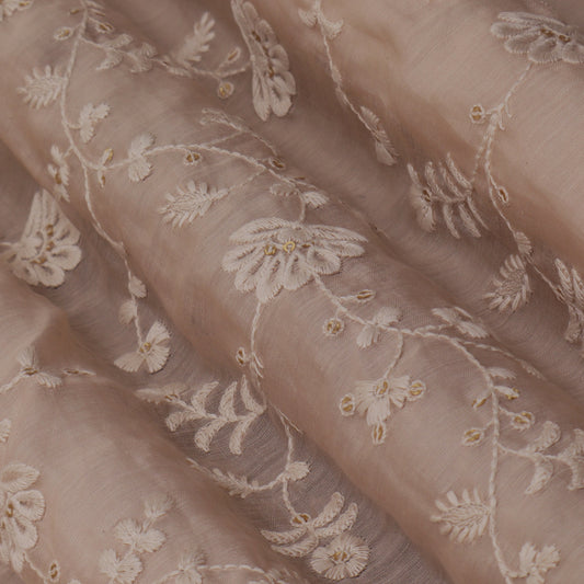 Peach Color Chanderi Embroidery Fabric