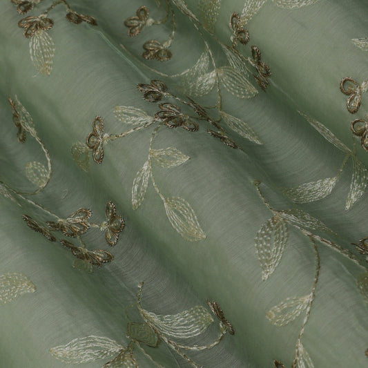 Green Color Chanderi Embroidery Fabric