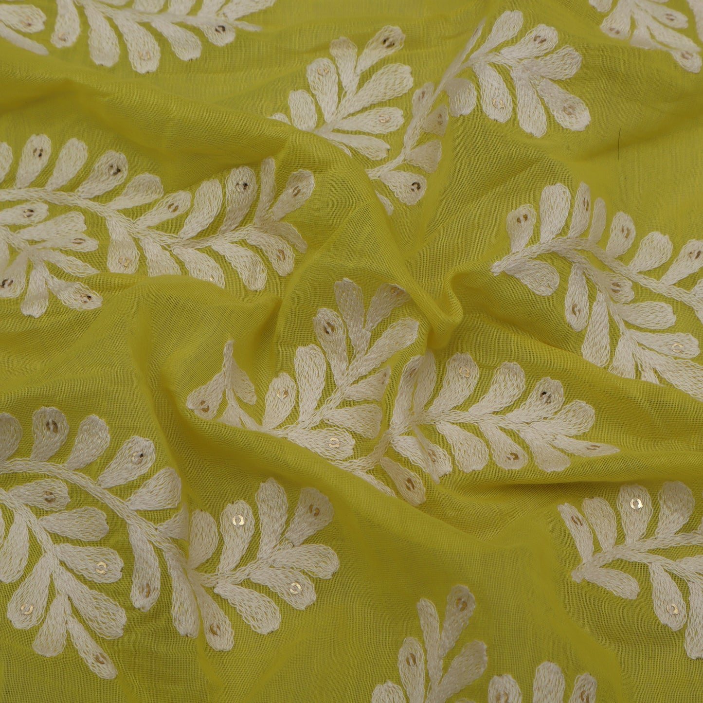 Yellow Color Chanderi Silk Embroidery Fabric