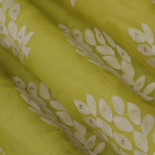 Yellow Color Chanderi Silk Embroidery Fabric