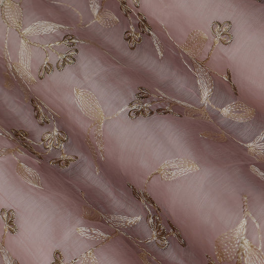 Pink Color Chanderi Embroidery Fabric