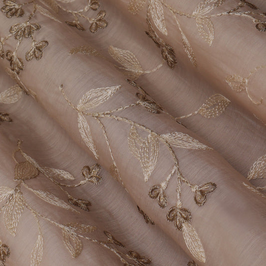 Peach Color Chanderi Embroidery Fabric