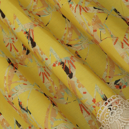 Yellow Color Cotton Printed Border Embroidery Fabric