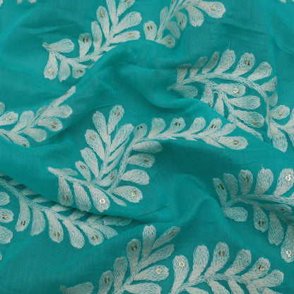 Rama Green Color Chanderi Silk Embroidery Fabric