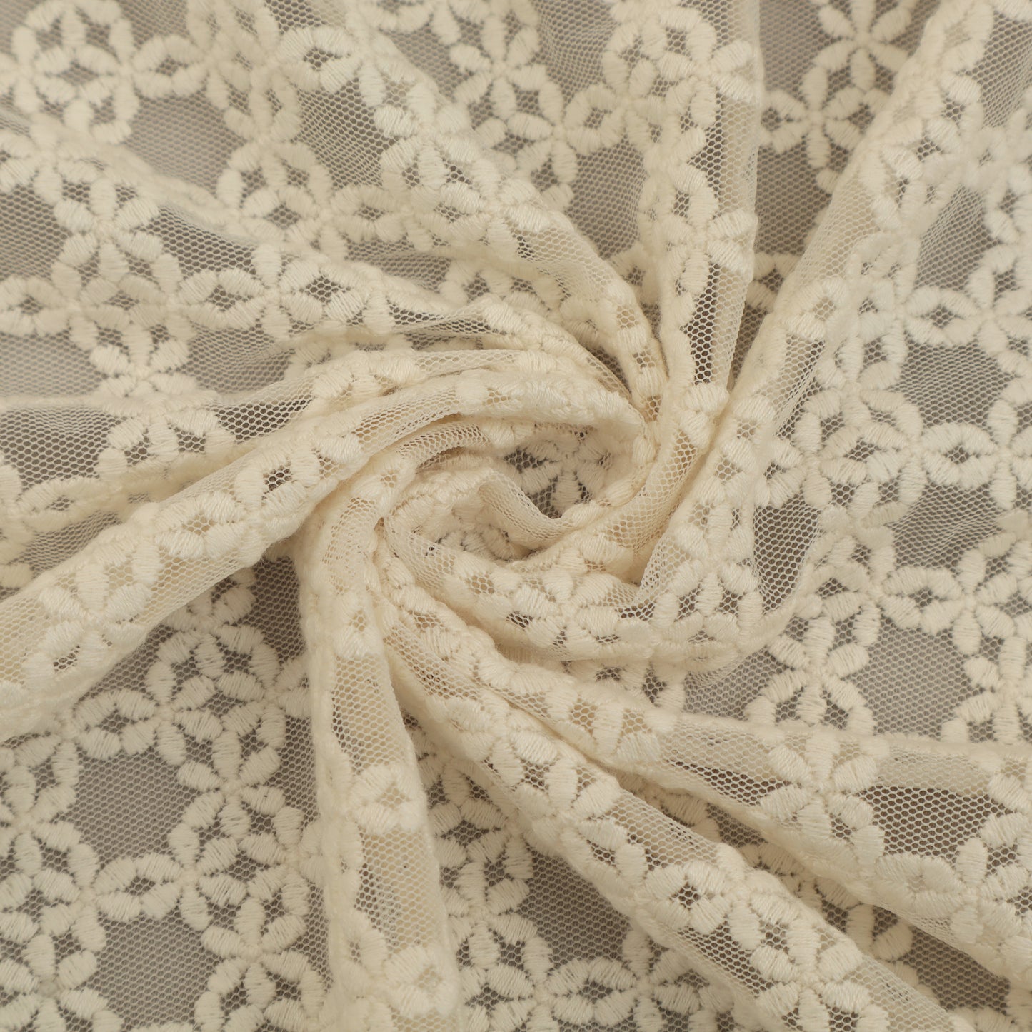 Off White Color Net Embroidery Fabric