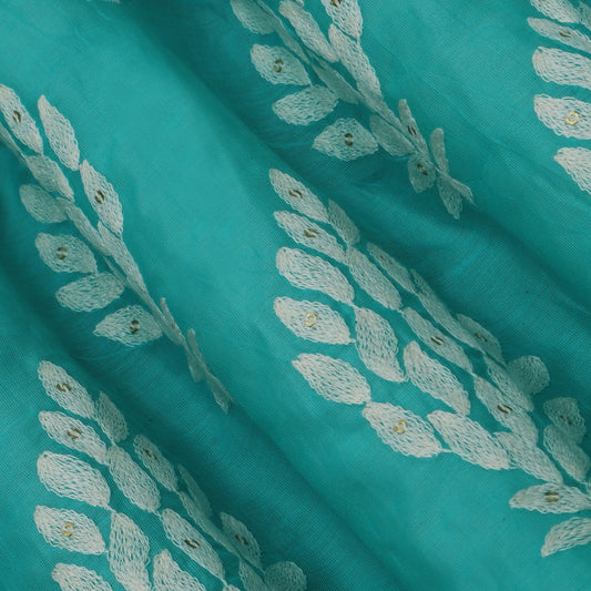 Rama Green Color Chanderi Silk Embroidery Fabric