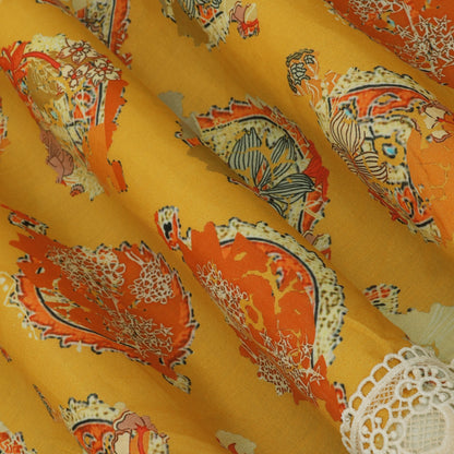 Yellow Color Cotton Printed Border Embroidery Fabric