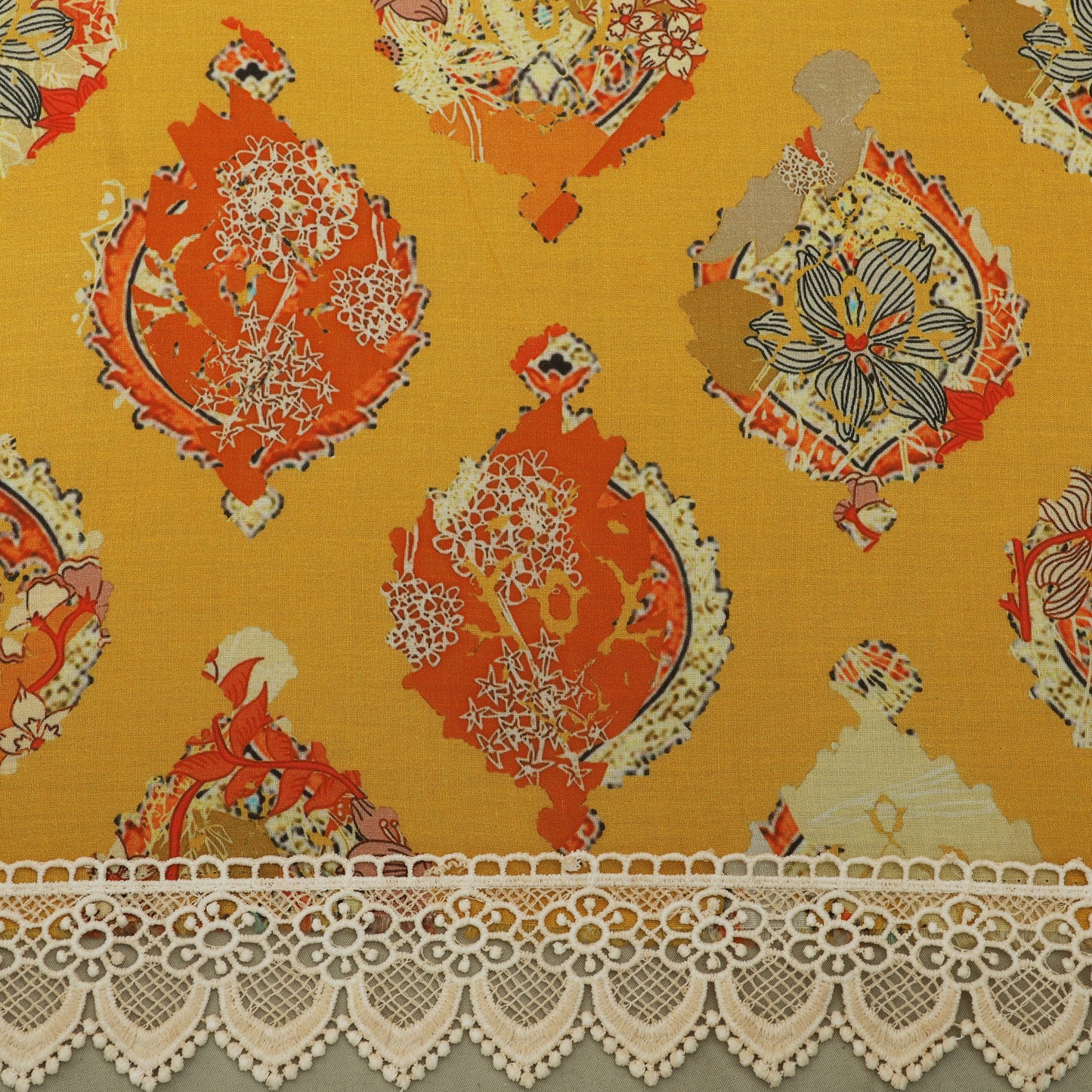 Yellow Color Cotton Printed Border Embroidery Fabric
