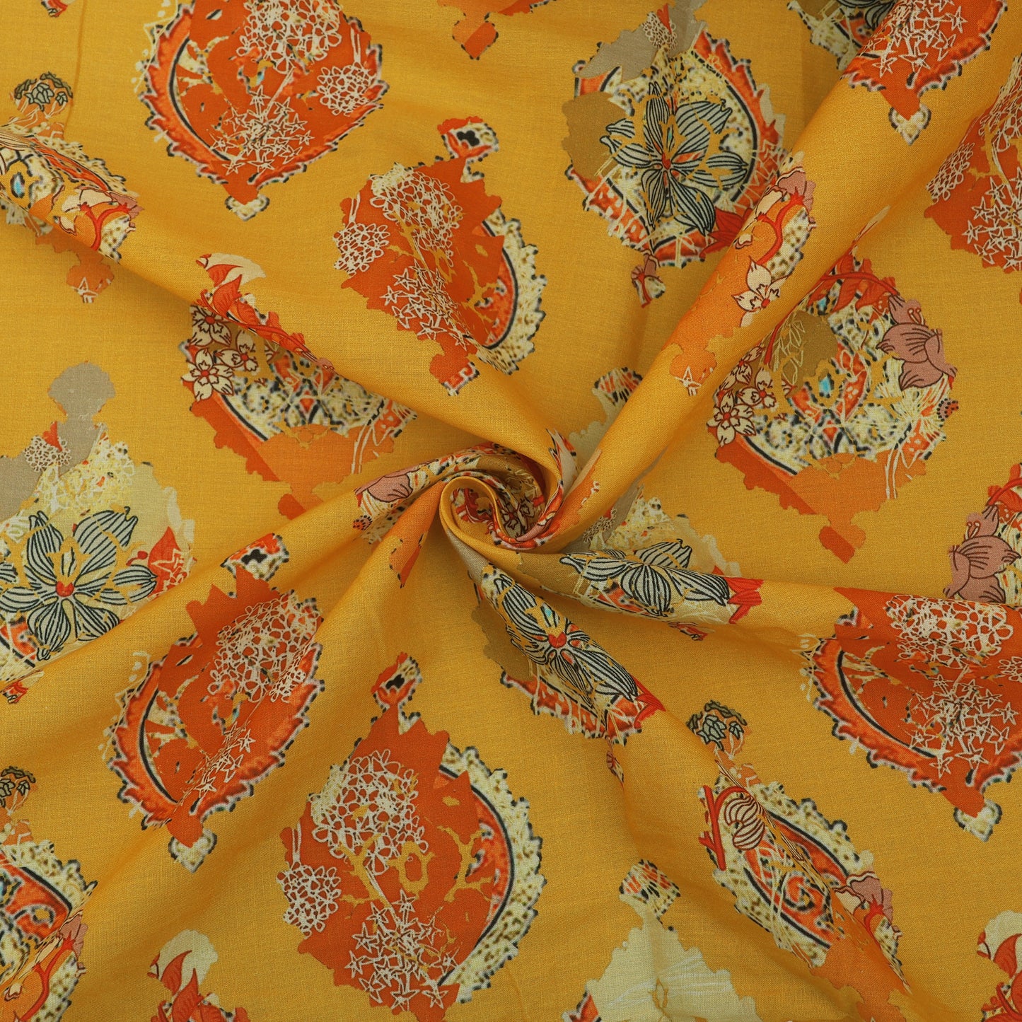 Yellow Color Cotton Printed Border Embroidery Fabric