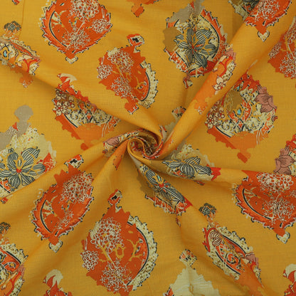 Yellow Color Cotton Printed Border Embroidery Fabric