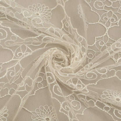 Off White Color Net Embroidery Fabric