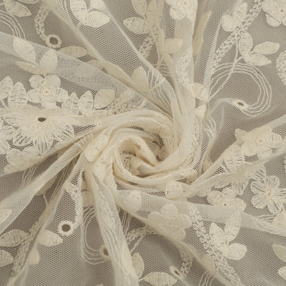 Off White Color Net Embroidery Fabric