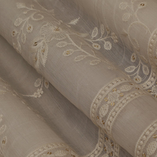 Off White Color Chanderi Embroidery Fabric