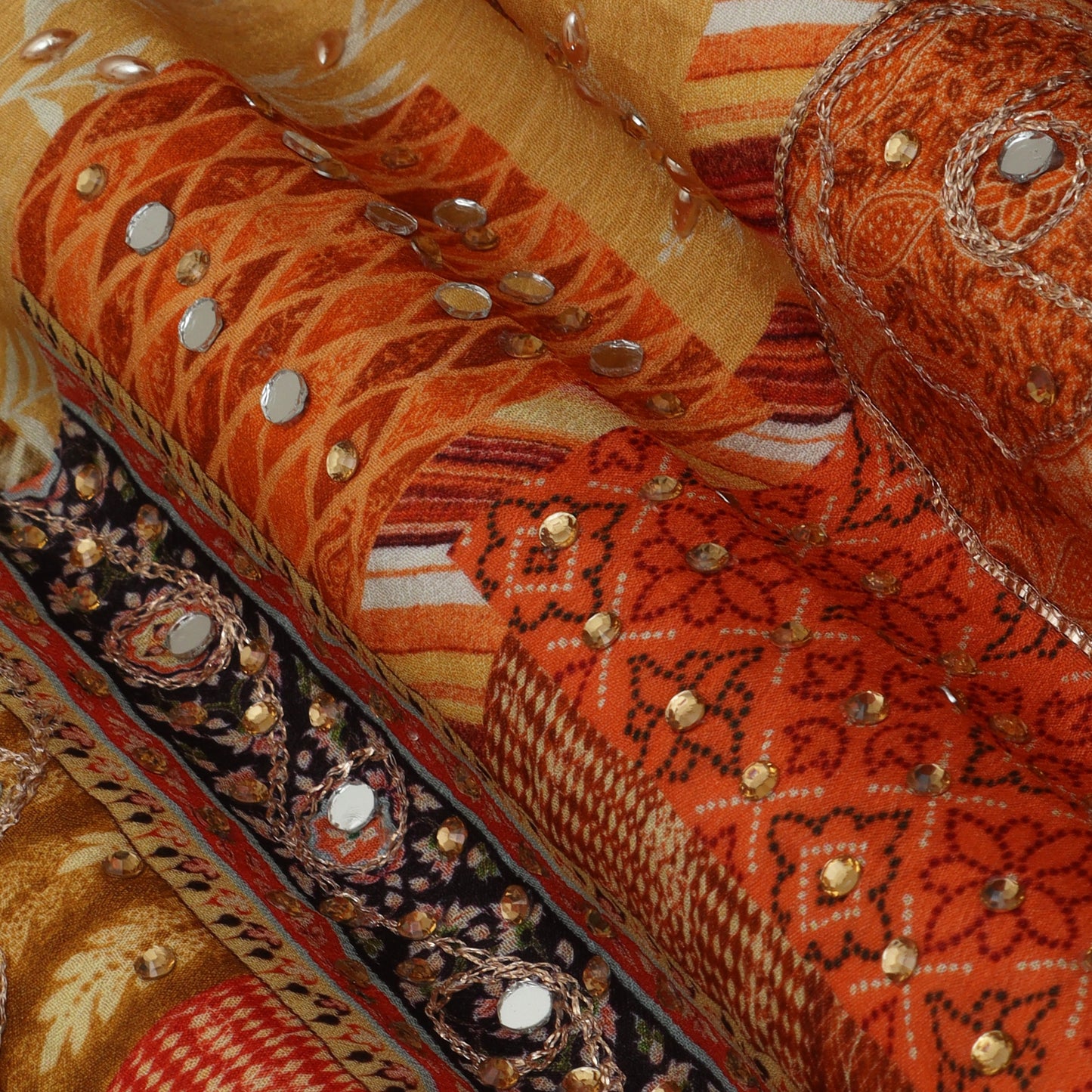 Muti-Color Chinon Chiffon Print Mirror Work Fabric