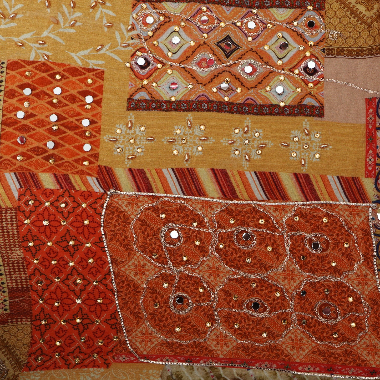 Muti-Color Chinon Chiffon Print Mirror Work Fabric