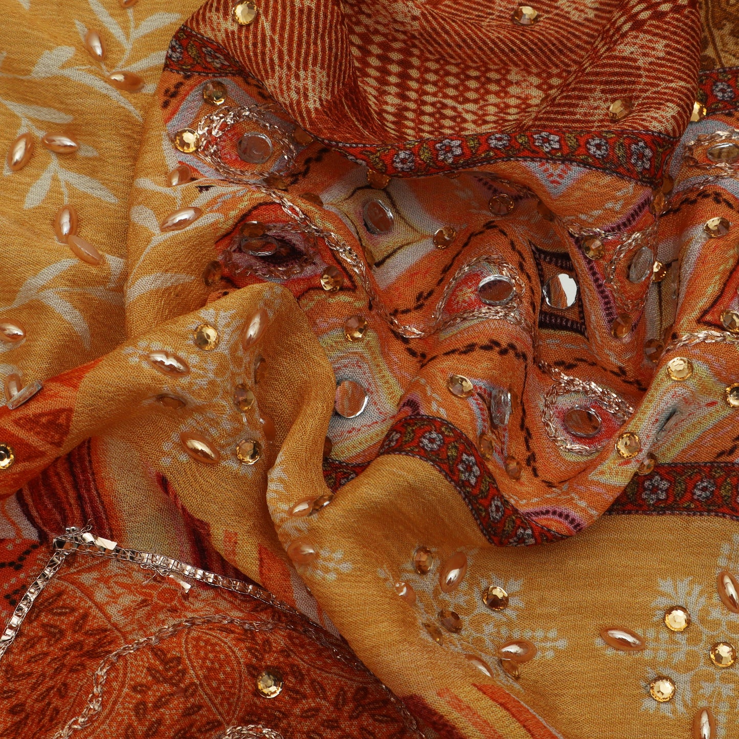 Muti-Color Chinon Chiffon Print Mirror Work Fabric