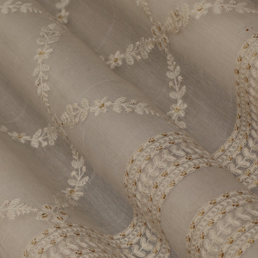 Off White Color Chanderi Embroidery Fabric