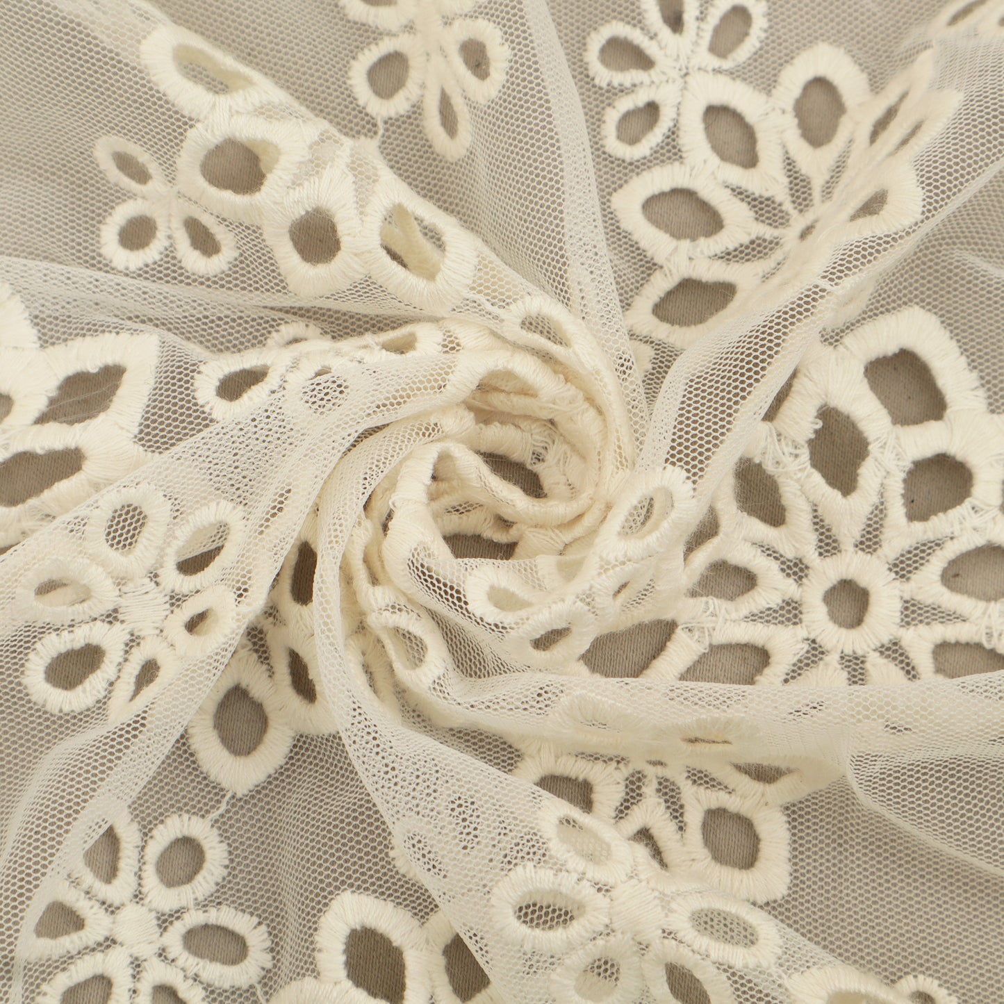 Off White Color Net Embroidery Fabric