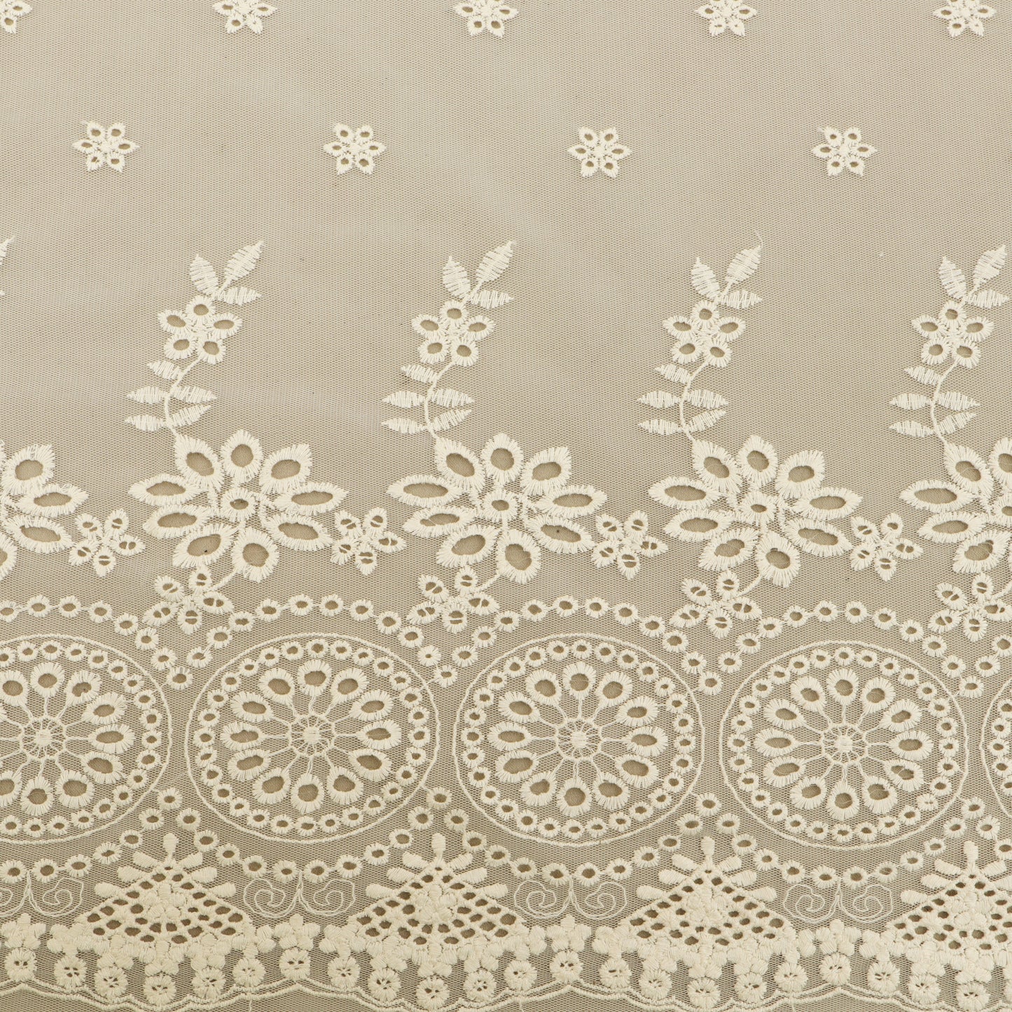 Off White Color Net Embroidery Fabric