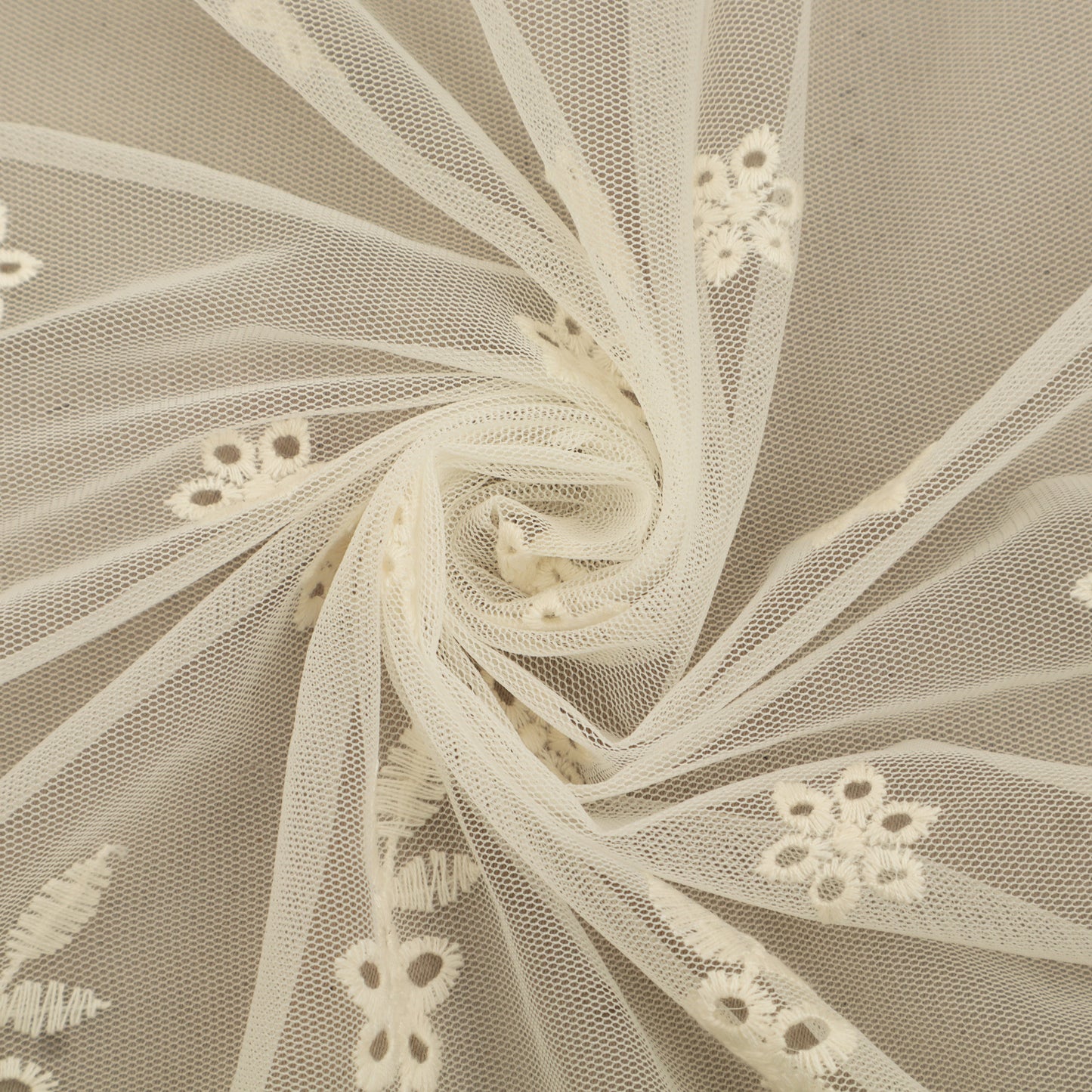 Off White Color Net Embroidery Fabric