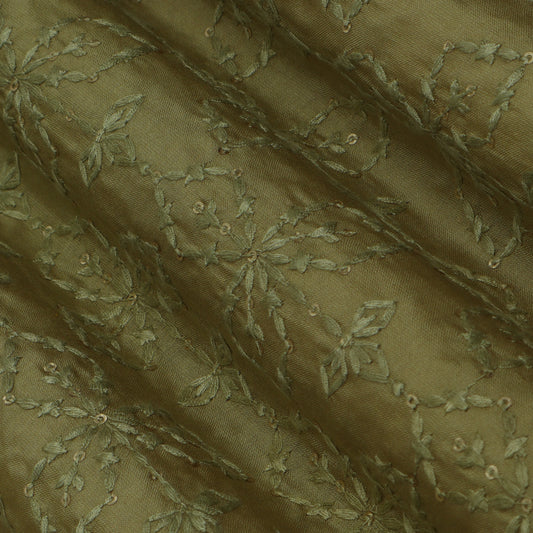 Mehendi Green Color Chanderi Embroidery Fabric