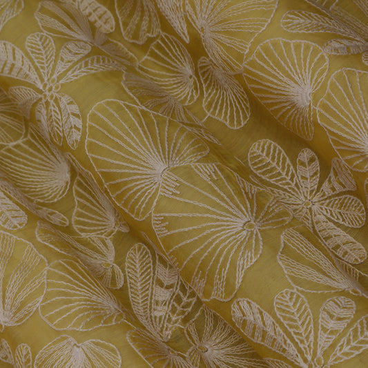 Yellow Color Chanderi Embroidery Fabric